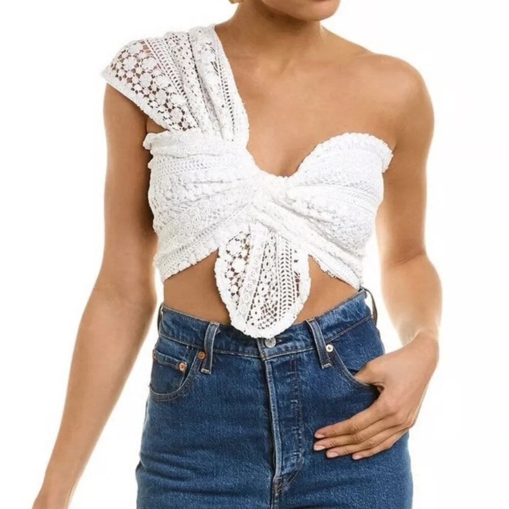 Just Bee Queen Bali Sol Lace One-Shoulder Cropped Top White Women's Size Small